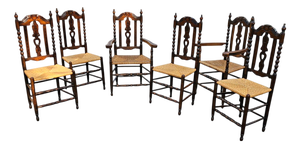 Ornate Wood Bobbin Wicker Dining Chairs, Set of 6