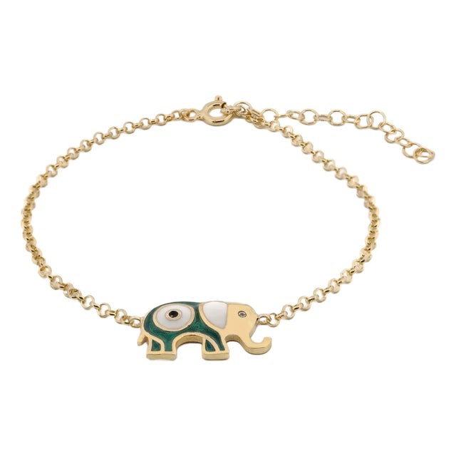 Wishful Elephant & Evil Eye Green Enamel Gold Chain Bracelet For Sale