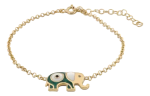 Wishful Elephant & Evil Eye Green Enamel Gold Chain Bracelet