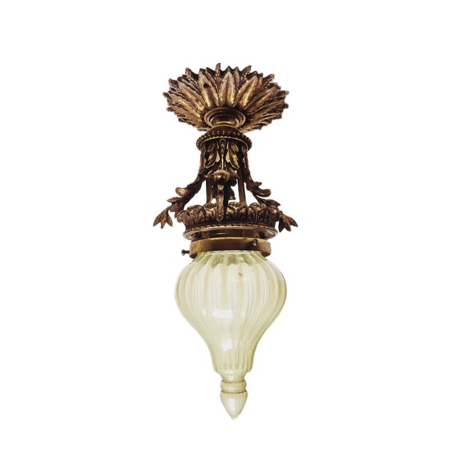 Empire Bronze Pending Lamp with Uranium Glass, France, 1890s, in Very Good conditions. Designed 1920 to 1949 European Plug...