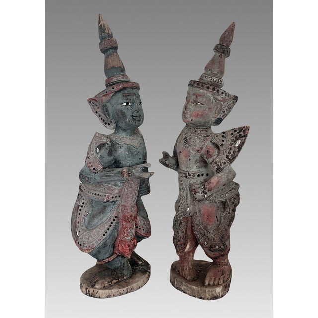 Gray Antique Teppanom / Guardian Thai Angels, Carved Wood Statues or Figures - A Pair 18" For Sale - Image 8 of 11