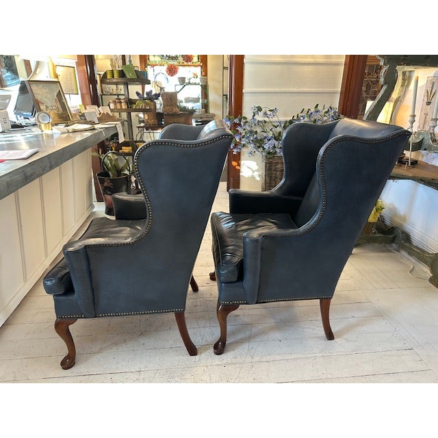 ** Only One Chair Available.** 1970s Vintage Old Hickory Tannery Blue Leather Chair With Nailhead Detail For Sale - Image 9 of 11