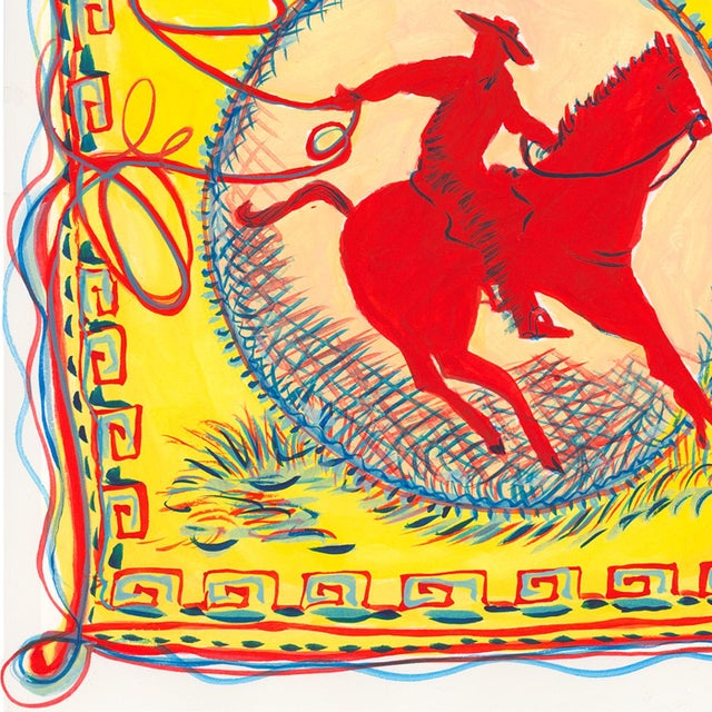 A bandana inspired scene in a square format featuring red stylized cowboys roping with a decorative turquoise reference...