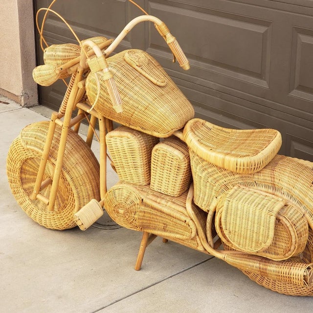 Vintage Wicker and Rattan LifeSize Harley Chopper Sculpture in the