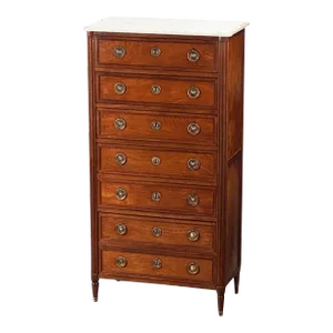 French Semainier or Tall Chest of Mahogany With Marble Top