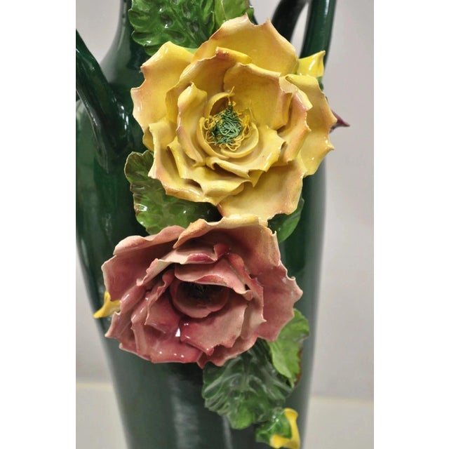 Mid 20th Century Vintage Victorian Green Porcelain Ceramic 18" Vase W/ Pink & Yellow Flowers For Sale - Image 5 of 12