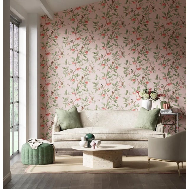 This charming interpretation of an antique chinoiserie wallpaper depicts stylised birds and ripe fruits. A modern take on...