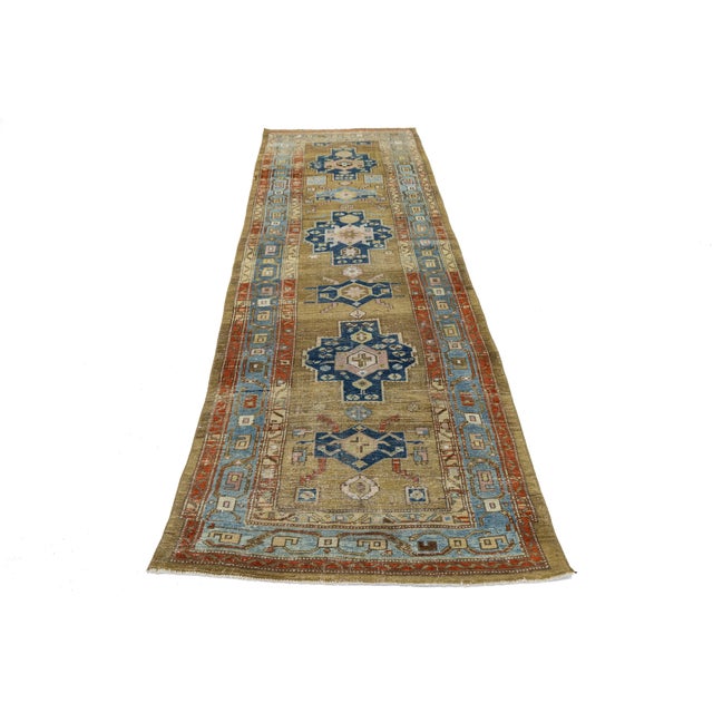 Tribal Antique Heriz Runner Rug With Muted Camel Field and Geometric Medallions For Sale - Image 3 of 9