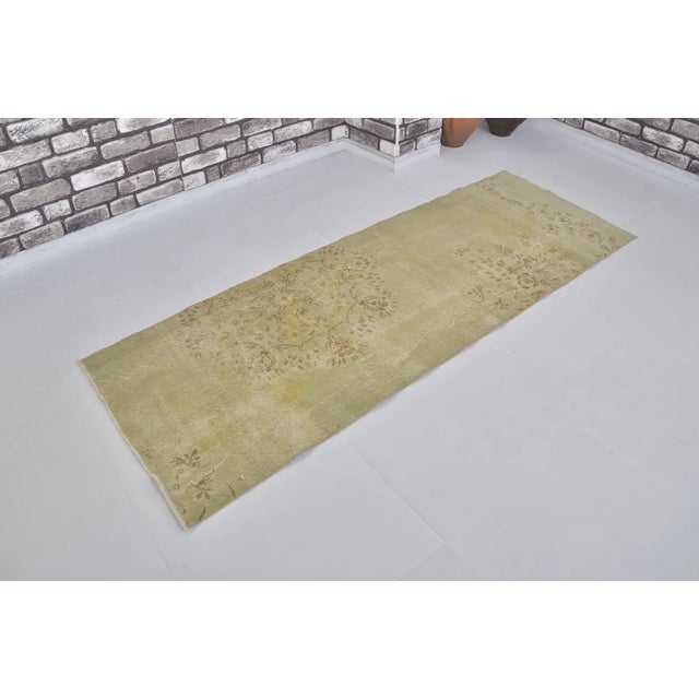 Green 1960s Faded Green Turkish Hallway Runner, Hand-Knotted Wool, Organic Distressed Texture For Sale - Image 8 of 10