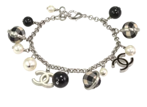 Chanel Pearls Black & White Checkered Beads C Logo Charms Silver Bracelet