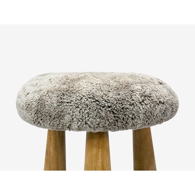 Danish Modern Style, Gray Sheepskin, Maple, Shearling Footstools, 21st C. For Sale - Image 9 of 9