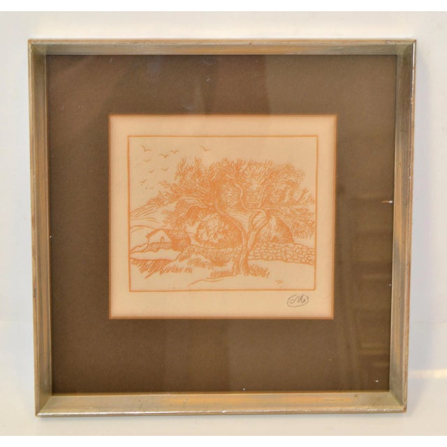 1950 Framed Print Marked M Landscape Scenery Orange Silver Wood Frame Distressed For Sale - Image 10 of 11