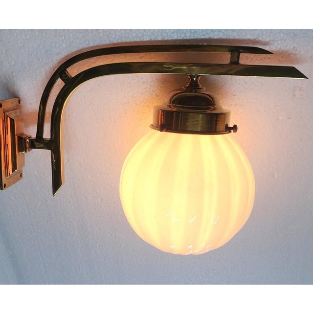 Art Deco Vintage Art Deco Light Old Lamp Wall Sconces Fixture Brass & Ribbed Milk Glass Shade Ship Light - a Pair For Sale - Image 3 of 5
