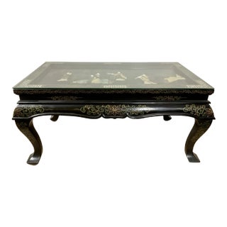 Vintage Black Lacquered Chinoiserie Glass Top CoffeeTable For Sale