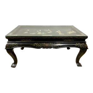 Vintage Black Lacquered Chinoiserie Glass Top CoffeeTable