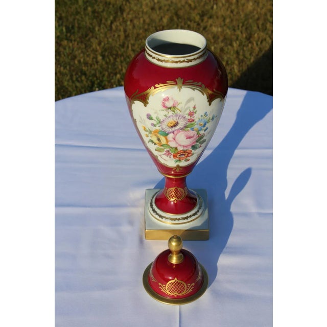 Raspberry Red Mid 20th Century Hand Painted Limoges Covered Urn Signed by the Artist For Sale - Image 8 of 13
