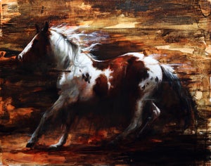 Dust Storm by Morgan Cameron | Oil on panel Horse running through a dust storm.