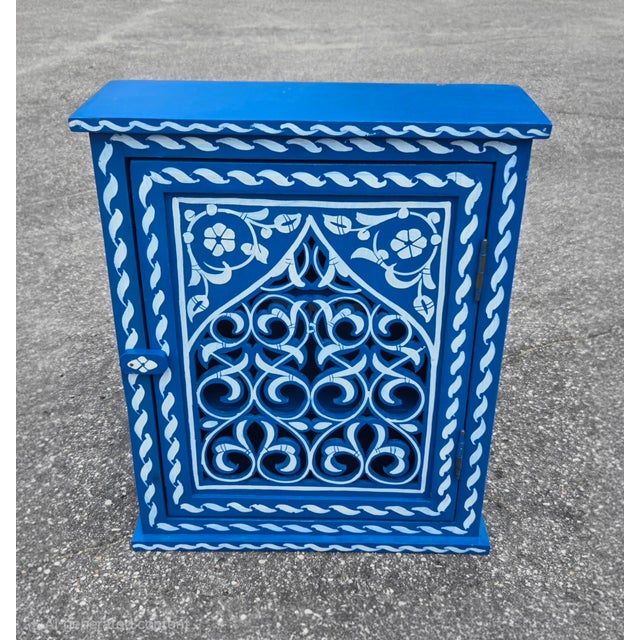 Wood Hand Painted Mediterranean Medicine Cabinet / Wall Shelf / Royal Blue and White Zouak For Sale - Image 7 of 7