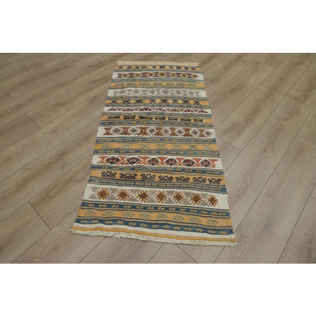 1960s 1960s Ethnic Design Ikat Tribal Yellow Striped Kilim Rug For Sale - Image 5 of 13