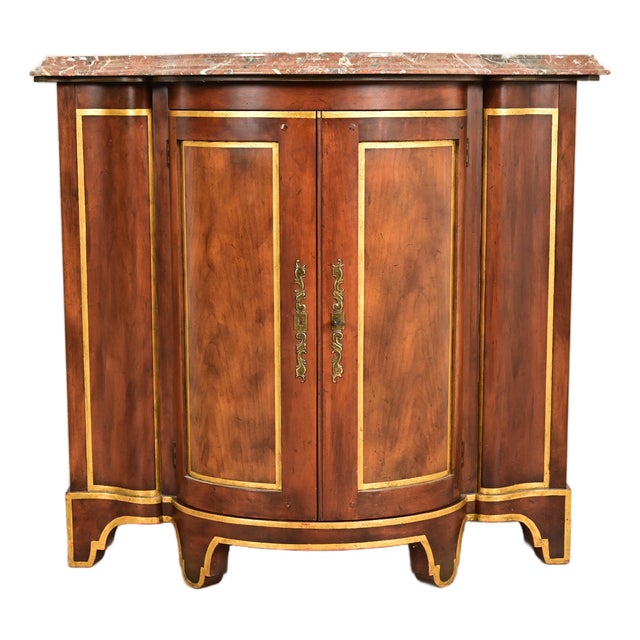 Baker Furniture Italian Provincial Carved Cherry Wood, Parcel Gilt, and Marble Top Demilune Sideboard or Bar Cabinet For Sale