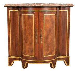 Baker Furniture Italian Provincial Carved Cherry Wood, Parcel Gilt, and Marble Top Demilune Sideboard or Bar Cabinet