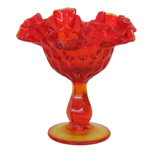 Fenton Glass Ruffled Amberina Thumbprint Pedestal Candy Dish Compote Bowl 4489b