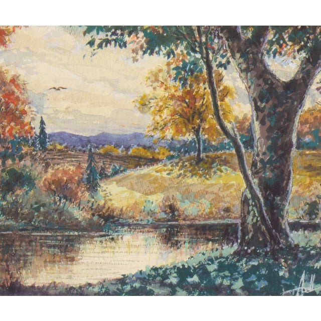 A signed watercolor landscape painting by the American artist Bill Abell (1935-2026). This painting depicts a cloudy,...