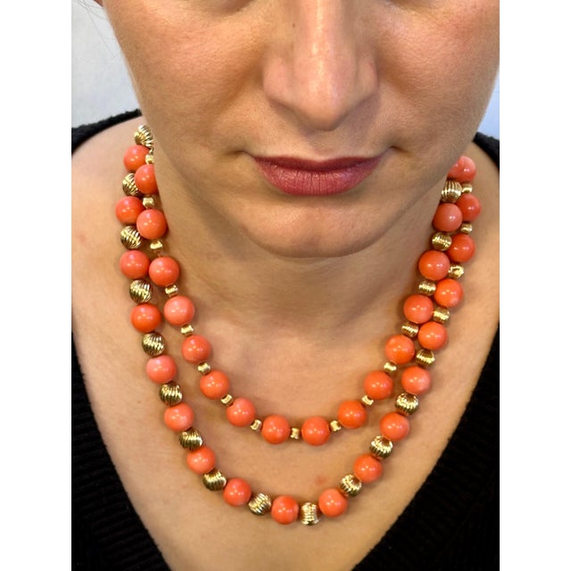 Signed Tiffany & Co. Vintage Natural Coral & Yellow Gold Bead Necklace, 38" Long For Sale - Image 11 of 18
