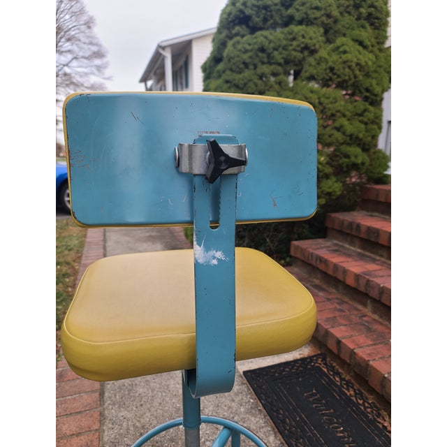 Chartreuse 1960s Vintage Adjusto Equipment Company Drafting Chair Stool Vinyl Cushion Back Rest Swivel Adjustable With Foot Ring For Sale - Image 8 of 12