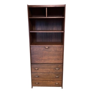 Mid-Century Walnut Tall Bookshelf Secretary Cabinet With Drop-Down Desk For Sale