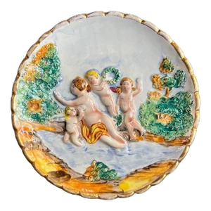 Early 20th Century Italian Capodimonte Cherub Scene Ceramic Relief Plate