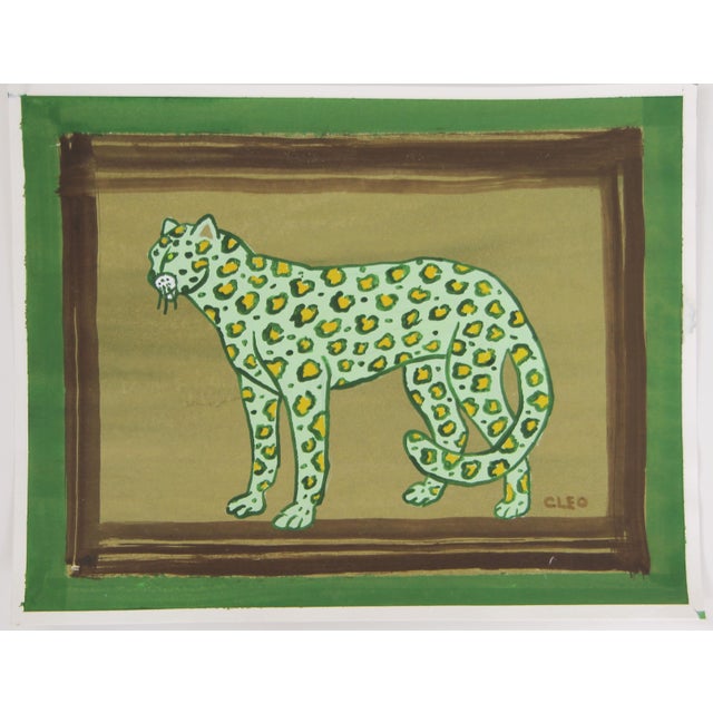 Shabby Chic Leopard Lime Green Brown Borders Minimalist Expressionist Original Painting by Cleo Plowden For Sale - Image 3 of 5