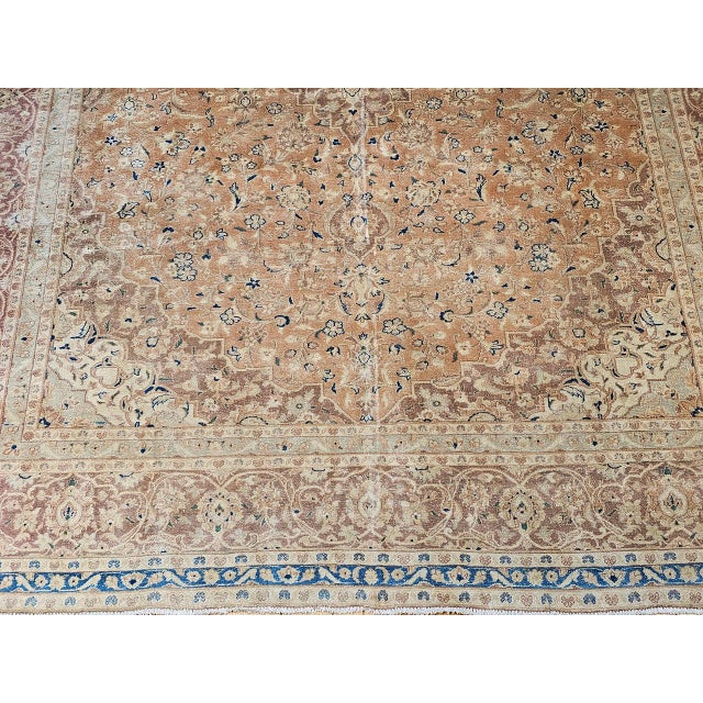 Vintage Persian Tabriz Rug, Hand-Knotted Wool, Floral Pattern, Pale Apricot & Burgundy, 10x13 For Sale - Image 12 of 16