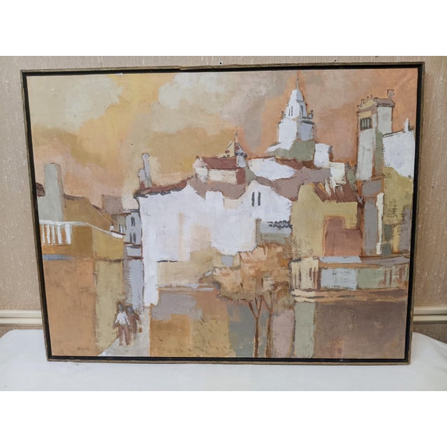 Vintage oil on Canvas, Cityscape, by Mary Moller A charming abstract Cityscape by noted American artist Mary Moller. See...