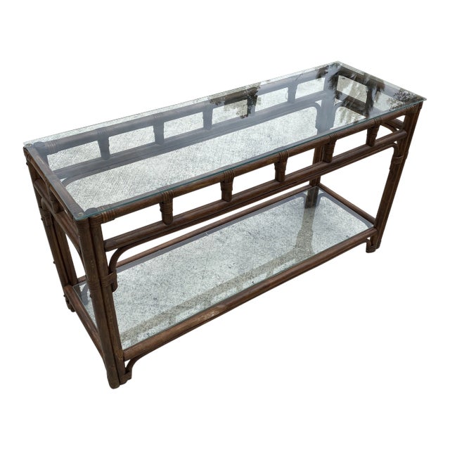 Vintage Bamboo Glass Console Table For Sale