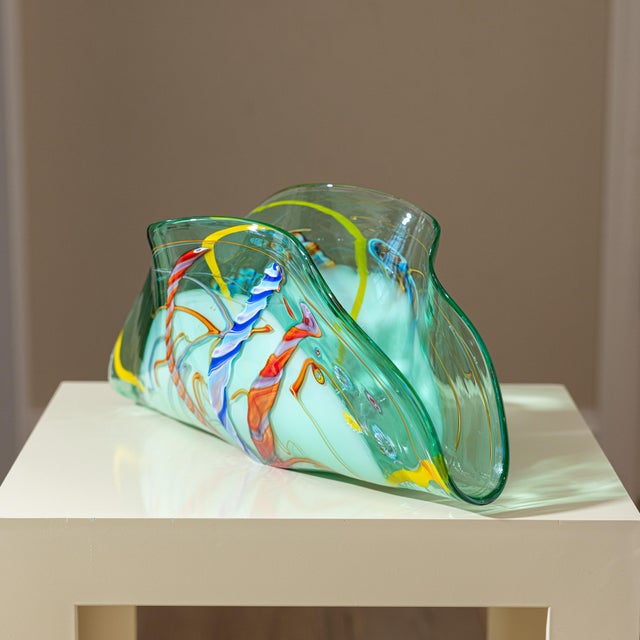 1990s Viz Art Glass Green Fan Sculptural Blown Glass Vessel For Sale - Image 5 of 10