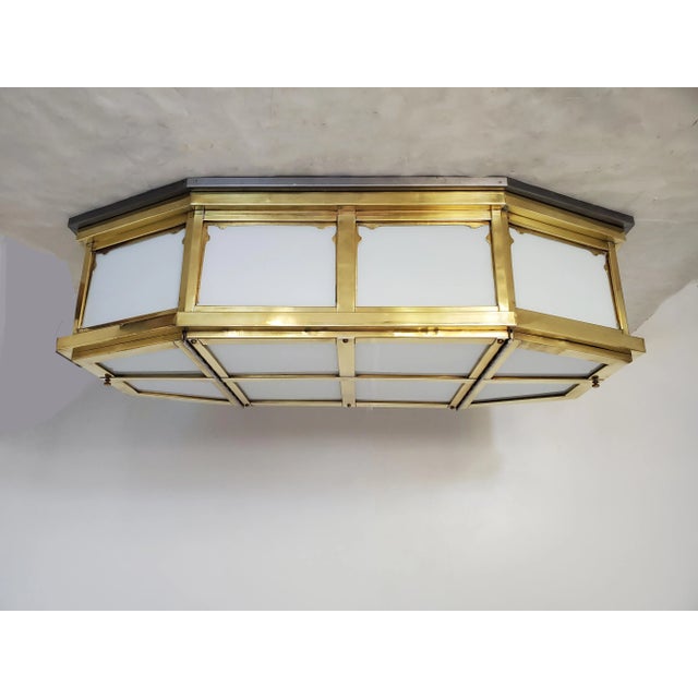 Mid 20th Century Large Industrial Brass and Glass Flush Mount For Sale - Image 10 of 13