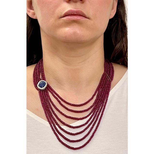480 Ct 7 Layer Natural Smooth Ruby Bead Necklace 14k Gold Sapphire Diamond Clasp For Sale - Image 12 of 18