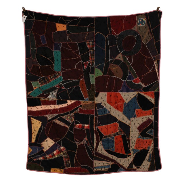 Abstract Vintage Hand Embroidered Crazy Quilt, Wool Patchwork Folk Art Textile Wall Hanging For Sale - Image 3 of 9