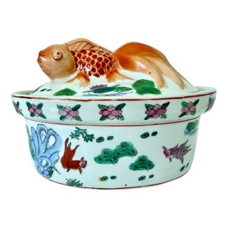 1970's White Porcelain Goldfish Koi Fish Tureen/Covered Serving Dish For Sale