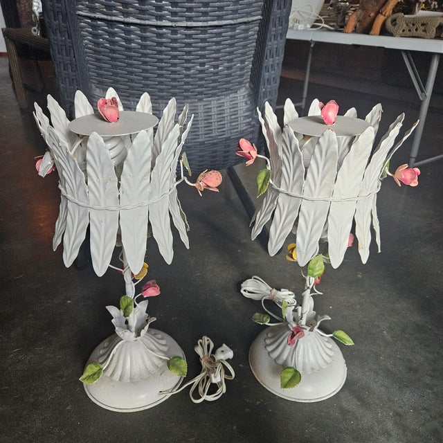 White 1960's Italian Tole Flower Lamps - a Pair For Sale - Image 8 of 12
