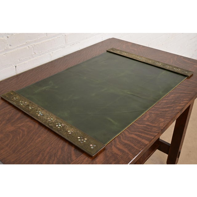 Early 20th Century Tiffany Studios New York Bronze and Abalone Blotter Ends With Leather Desk Blotter For Sale - Image 5 of 11