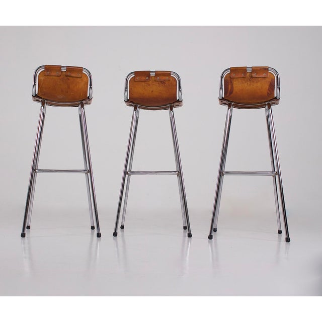 Brown Cognac Leather Stools, 1970s, Set of 3 For Sale - Image 8 of 12
