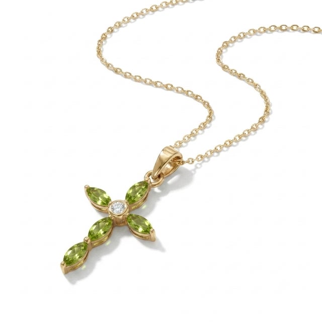 Contemporary 18k Gold Plated Peridot Cross Pendant | Delicate Religious Cross Jewelry | August Birthstone Gift for Woman For Sale - Image 3 of 3