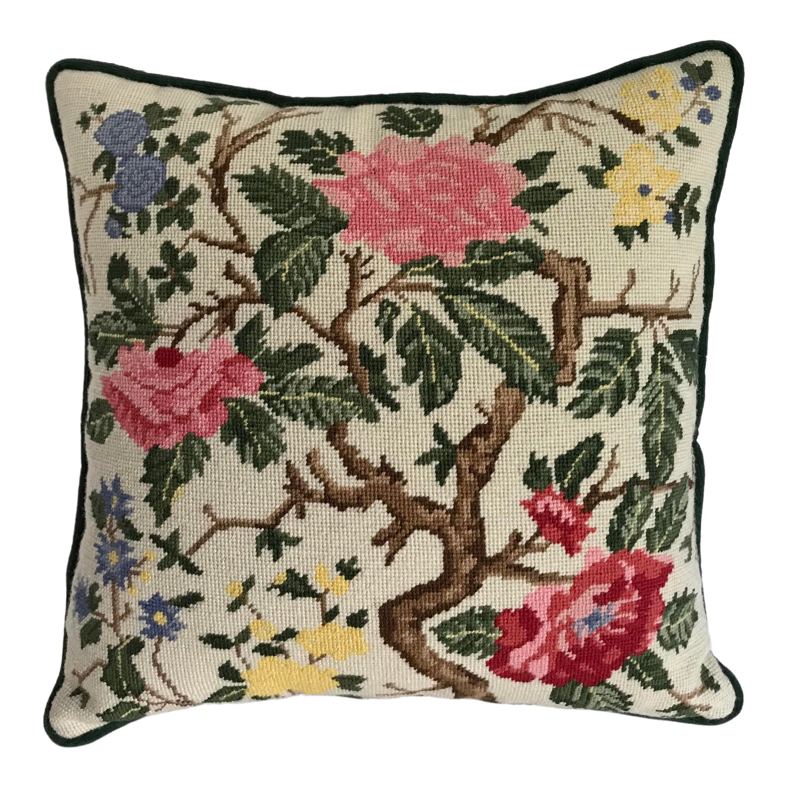 Vintage Chinoiserie Needlepoint Rose Floral Pillow | Chairish