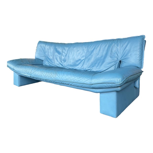 Vintage Postmodern Italian Nicoletti Attrb Blue Leather Sofa For Sale