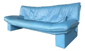 Vintage Postmodern Italian Nicoletti Attrb Blue Leather Sofa