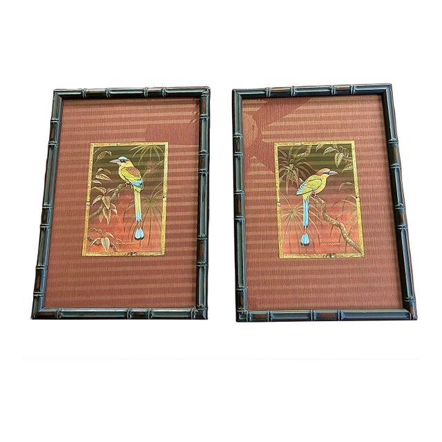 Ebonized Bamboo Framed Tropical Bird Prints - A Pair For Sale
