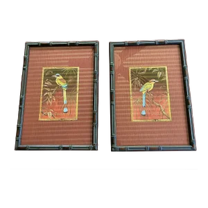 Ebonized Bamboo Framed Tropical Bird Prints - A Pair