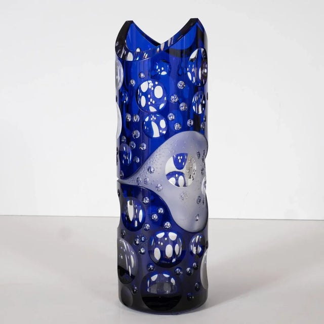 "Ariel" Layered, hand-carved and polished art glass vase with swirling, curvilinear motif by Jiri Jelinek. Signed. Jiri...